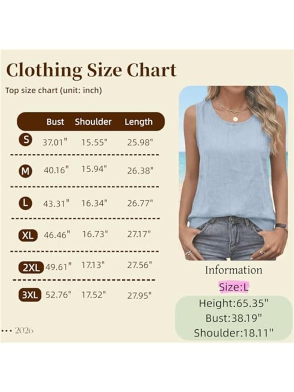 Summer Beige Soft Linen Blend Sleeveless tank Top - Picture 3 of 6